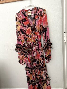 Farm Rio Floral Boho Midi Dress Women’s Small Belted Sheer Statement Print